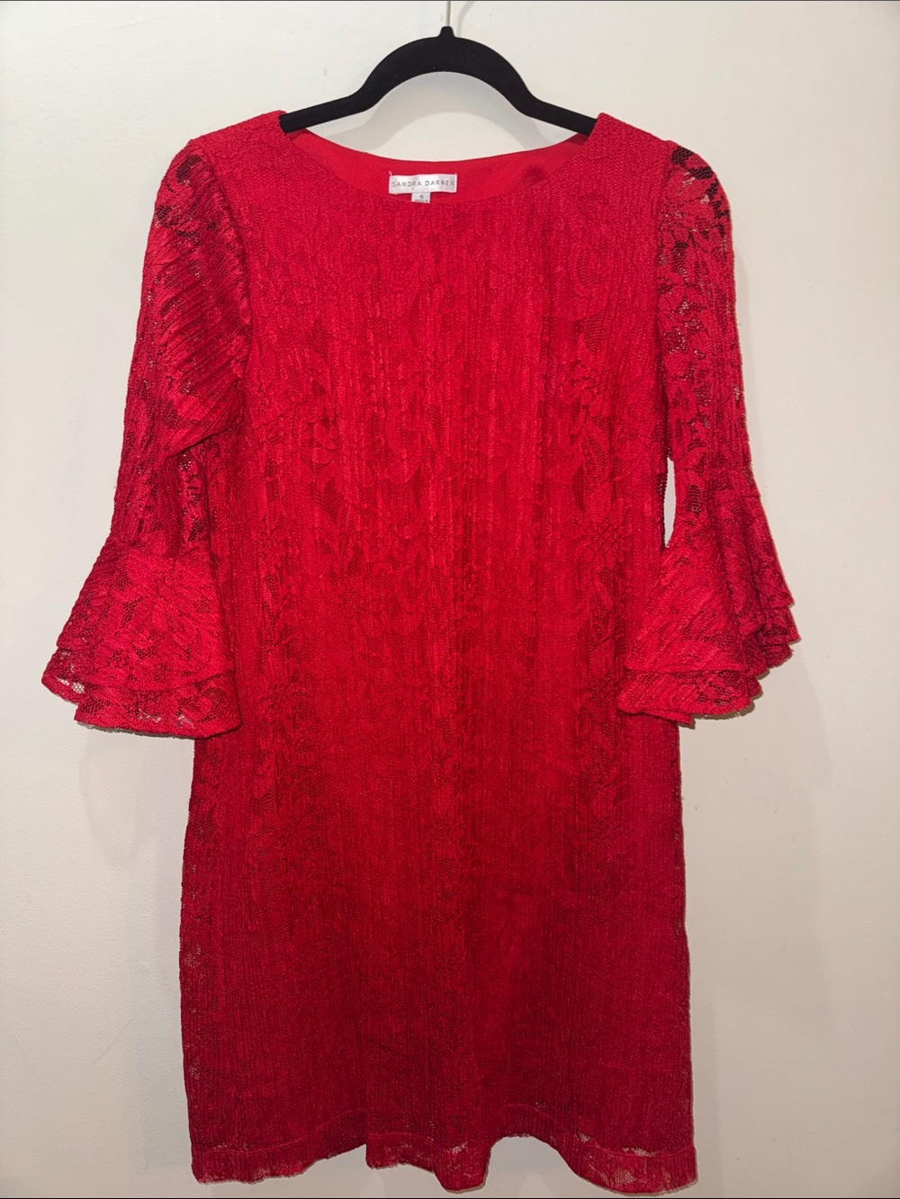 Sandra Darren Red Lace Shift Dress with Tiered Bell Sleeves
